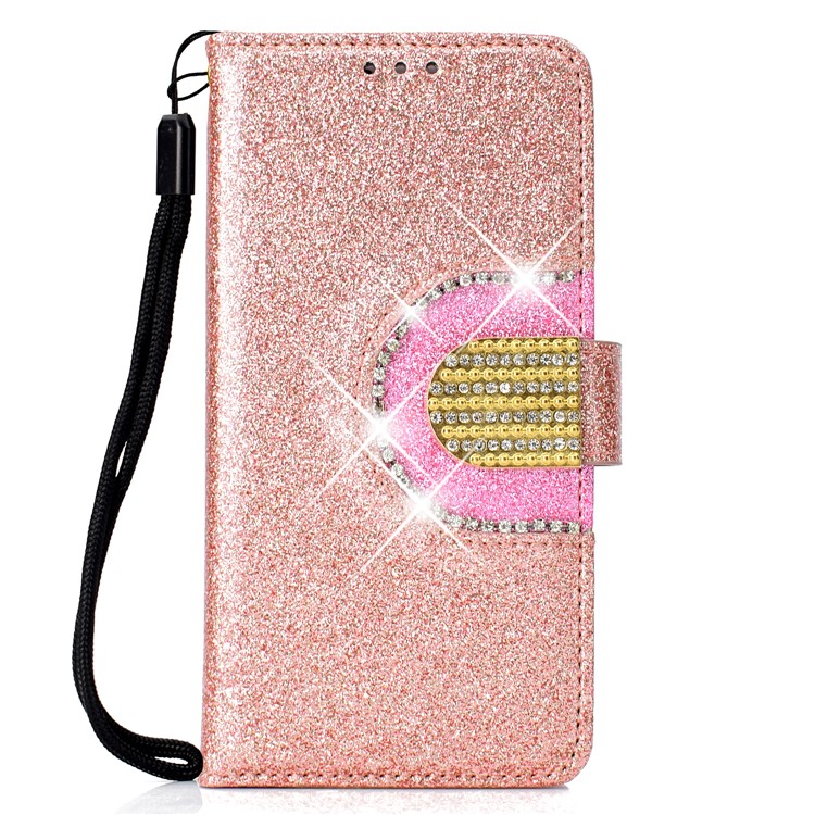 Glitter Powder Leather Wallet Phone Case with Mirror for Samsung Galaxy A40 - Rose Gold-2