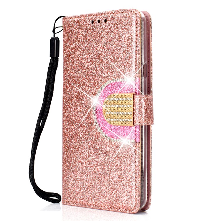 Glitter Powder Leather Wallet Phone Case with Mirror for Samsung Galaxy A40 - Rose Gold-3