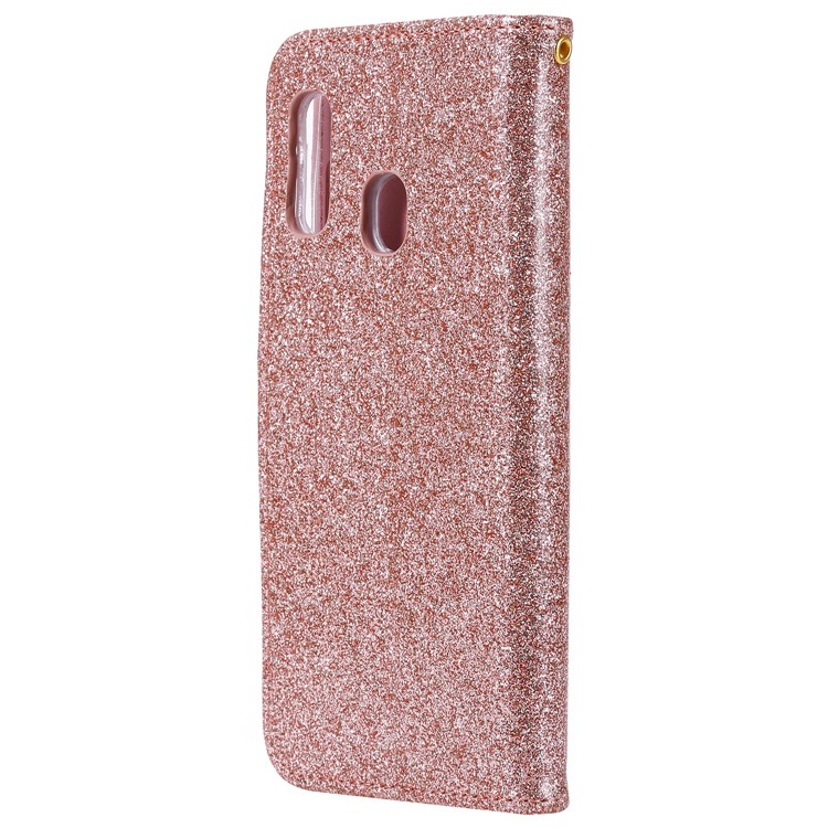 Glitter Powder Leather Wallet Phone Case with Mirror for Samsung Galaxy A40 - Rose Gold-4