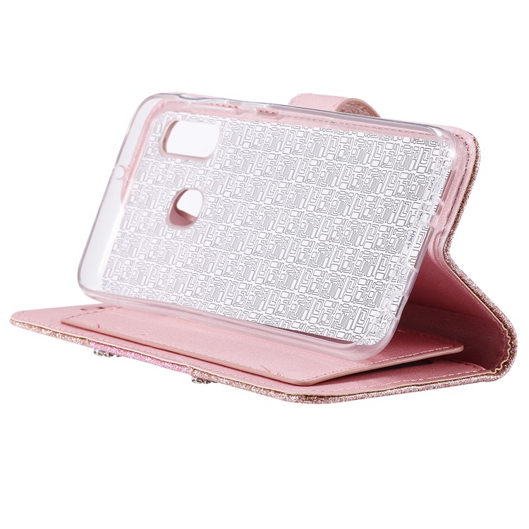 Glitter Powder Leather Wallet Phone Case with Mirror for Samsung Galaxy A40 - Rose Gold-8