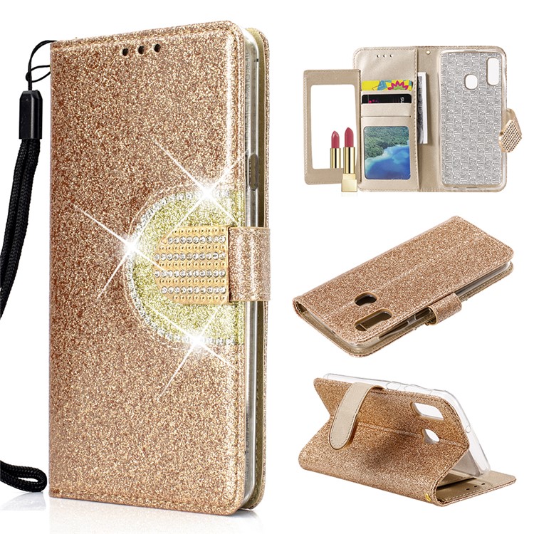 Glitter Powder Leather Wallet Phone Case with Mirror for Samsung Galaxy A40 - Gold-1