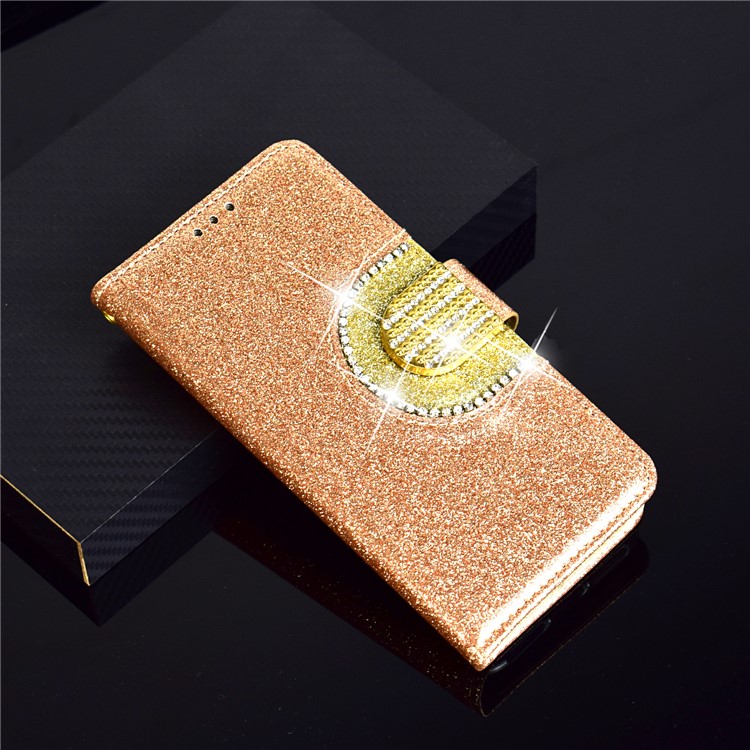 Glitter Powder Leather Wallet Phone Case with Mirror for Samsung Galaxy A40 - Gold-11