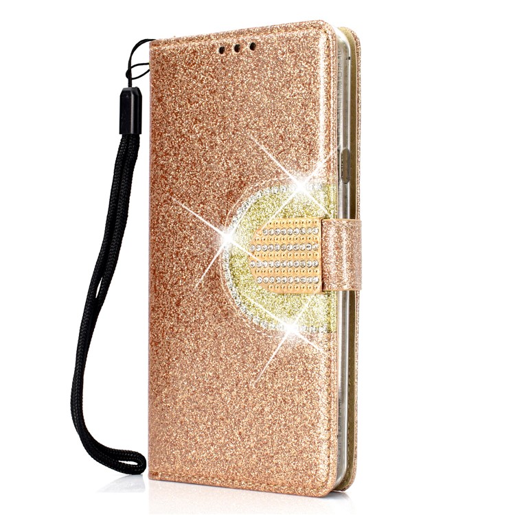 Glitter Powder Leather Wallet Phone Case with Mirror for Samsung Galaxy A40 - Gold-3