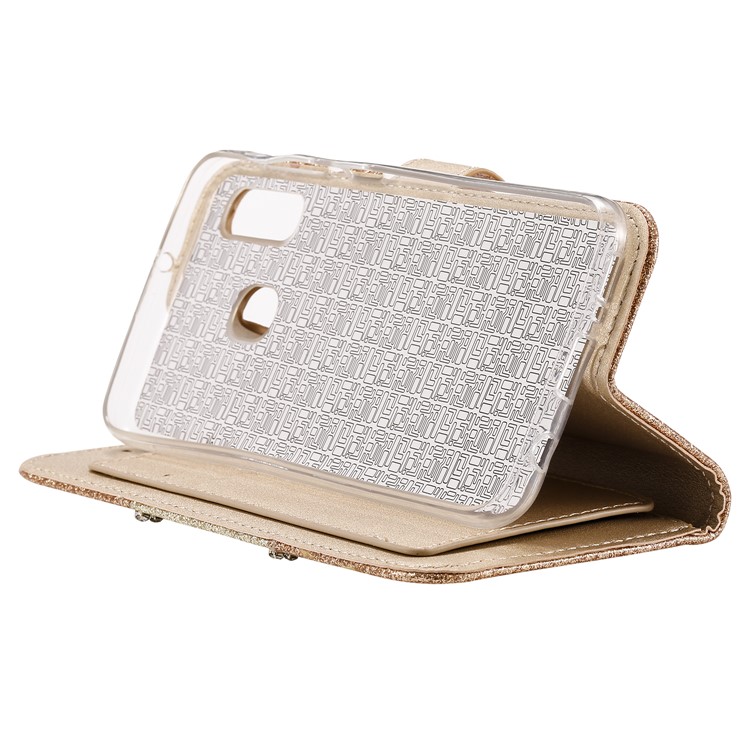 Glitter Powder Leather Wallet Phone Case with Mirror for Samsung Galaxy A40 - Gold-8