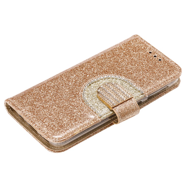 Glitter Powder Leather Wallet Phone Case with Mirror for Samsung Galaxy A40 - Gold-9