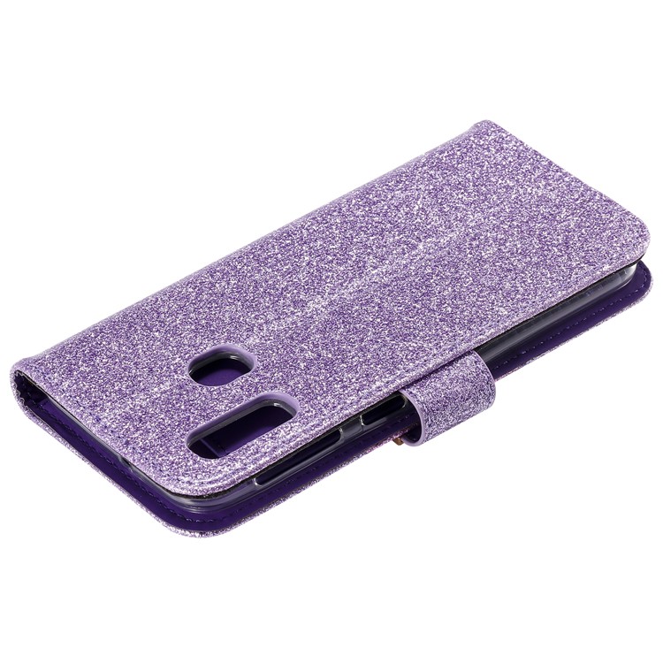 Glitter Powder Leather Wallet Phone Case with Mirror for Samsung Galaxy A40 - Purple-10