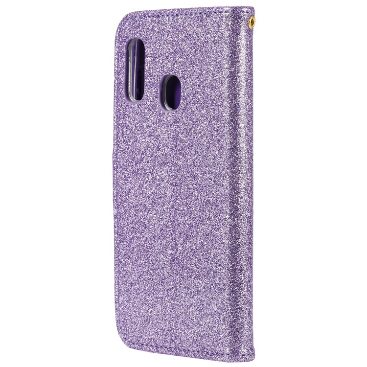 Glitter Powder Leather Wallet Phone Case with Mirror for Samsung Galaxy A40 - Purple-4