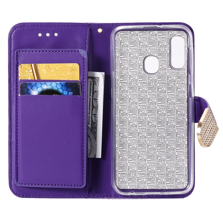 Glitter Powder Leather Wallet Phone Case with Mirror for Samsung Galaxy A40 - Purple-5