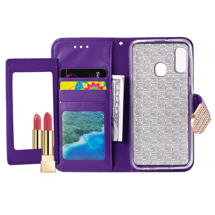 Glitter Powder Leather Wallet Phone Case with Mirror for Samsung Galaxy A40 - Purple-6