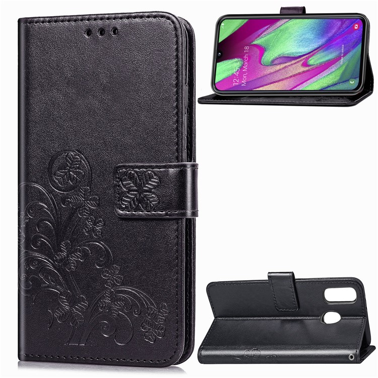 Imprint Four Leaf Clover Leather Wallet Stand Case with Strap for Samsung Galaxy A40 - Black-1