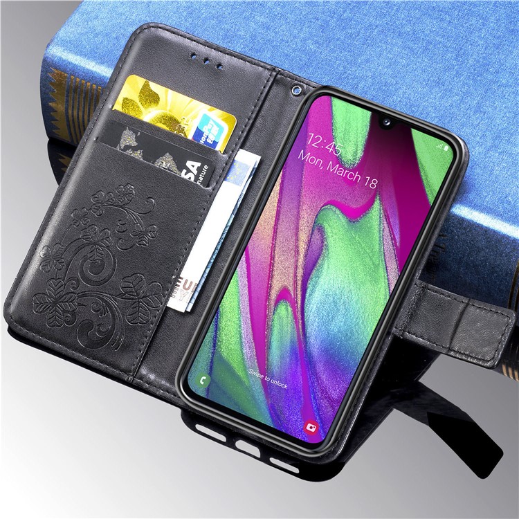 Imprint Four Leaf Clover Leather Wallet Stand Case with Strap for Samsung Galaxy A40 - Black-10