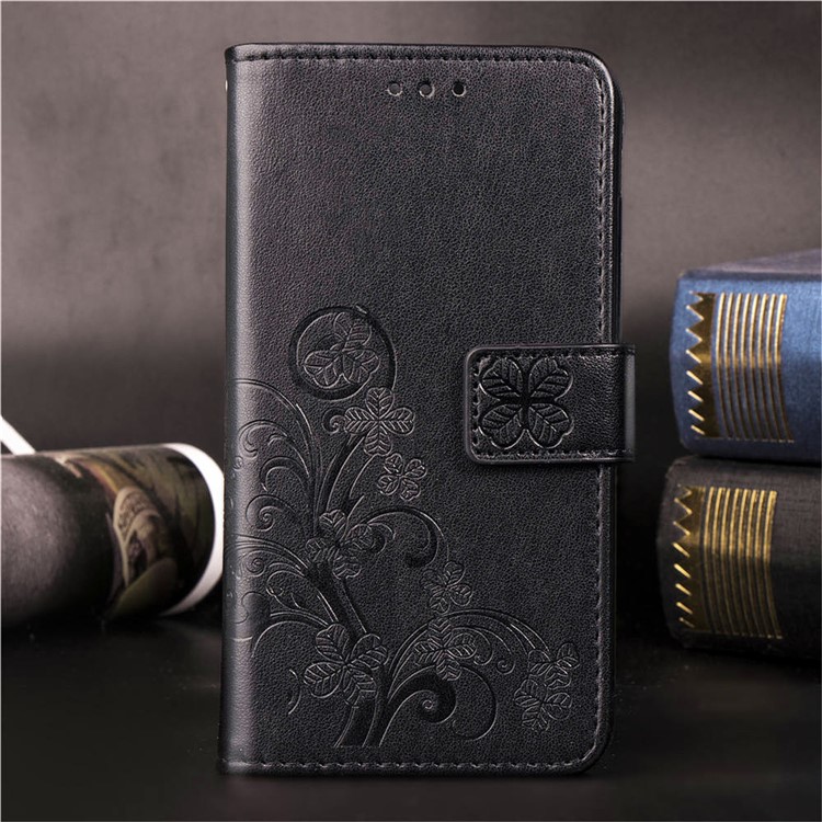 Imprint Four Leaf Clover Leather Wallet Stand Case with Strap for Samsung Galaxy A40 - Black-11