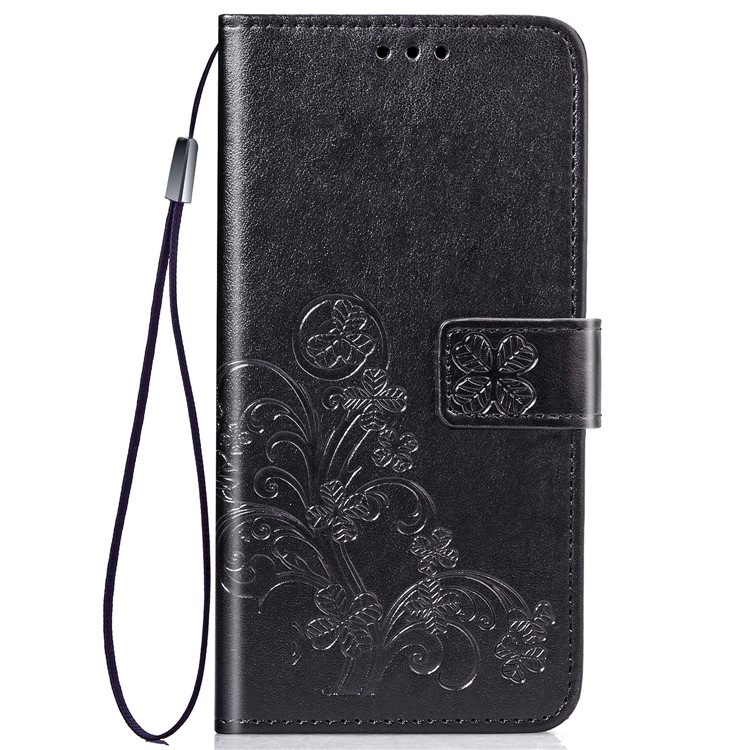 Imprint Four Leaf Clover Leather Wallet Stand Case with Strap for Samsung Galaxy A40 - Black-2