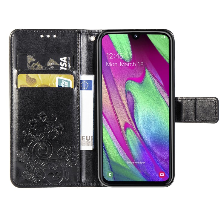 Imprint Four Leaf Clover Leather Wallet Stand Case with Strap for Samsung Galaxy A40 - Black-4