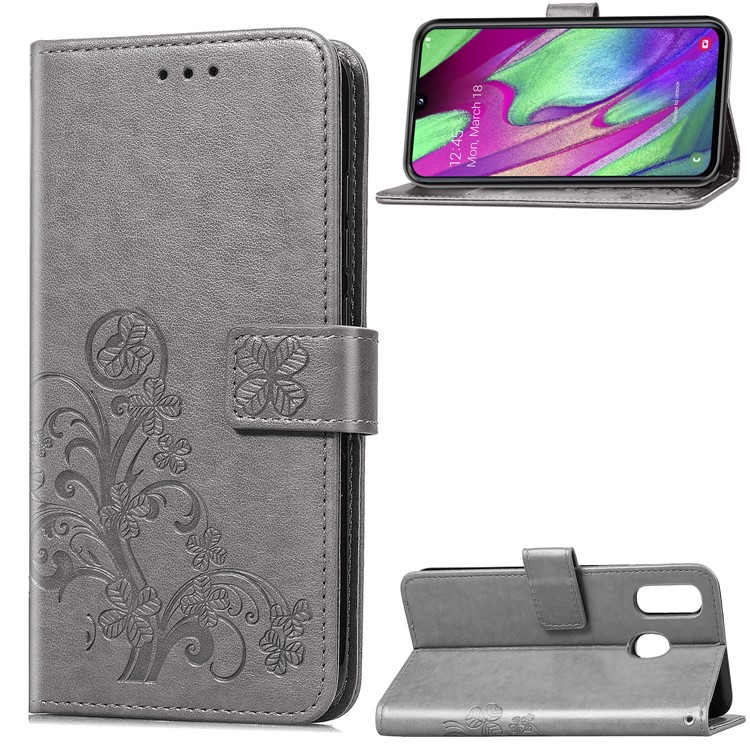 Imprint Four Leaf Clover Leather Wallet Stand Case with Strap for Samsung Galaxy A40 - Grey-1