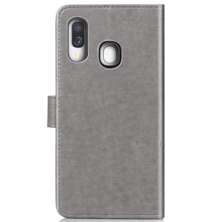 Imprint Four Leaf Clover Leather Wallet Stand Case with Strap for Samsung Galaxy A40 - Grey-3