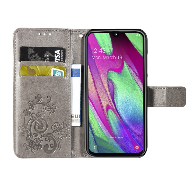 Imprint Four Leaf Clover Leather Wallet Stand Case with Strap for Samsung Galaxy A40 - Grey-4