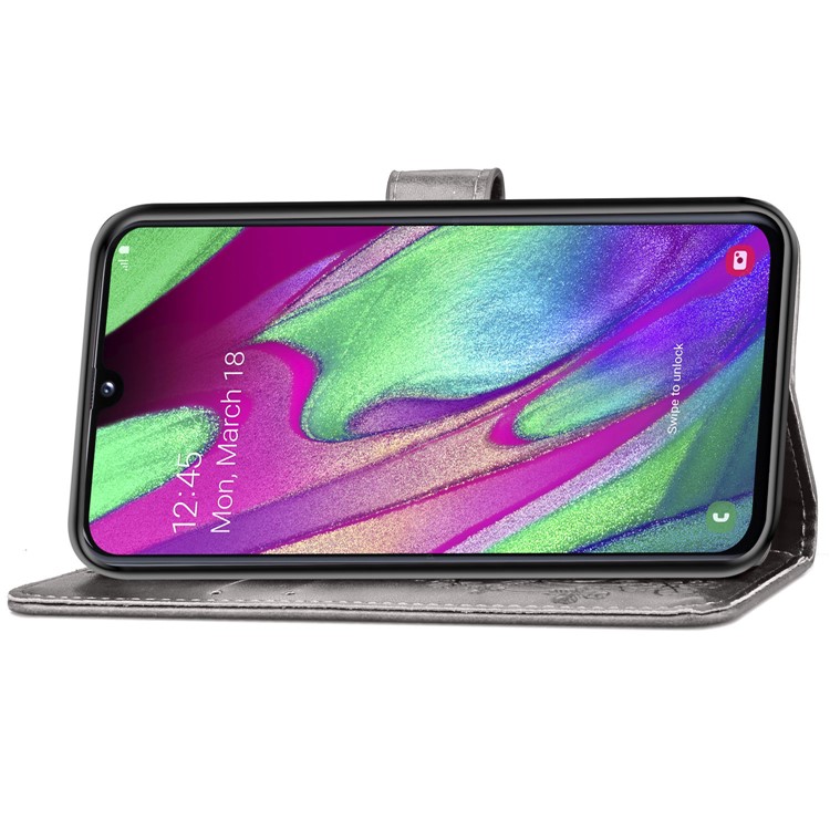 Imprint Four Leaf Clover Leather Wallet Stand Case with Strap for Samsung Galaxy A40 - Grey-5