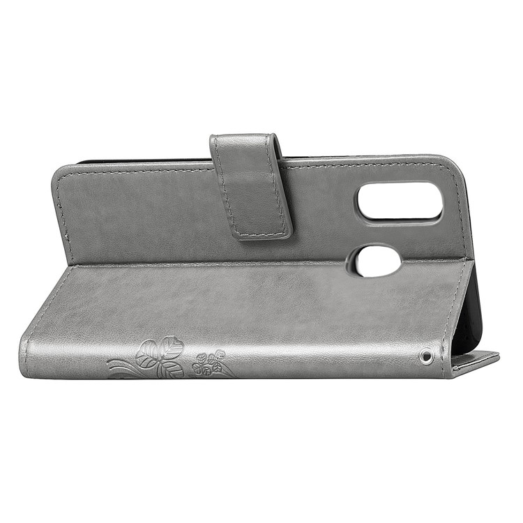 Imprint Four Leaf Clover Leather Wallet Stand Case with Strap for Samsung Galaxy A40 - Grey-6