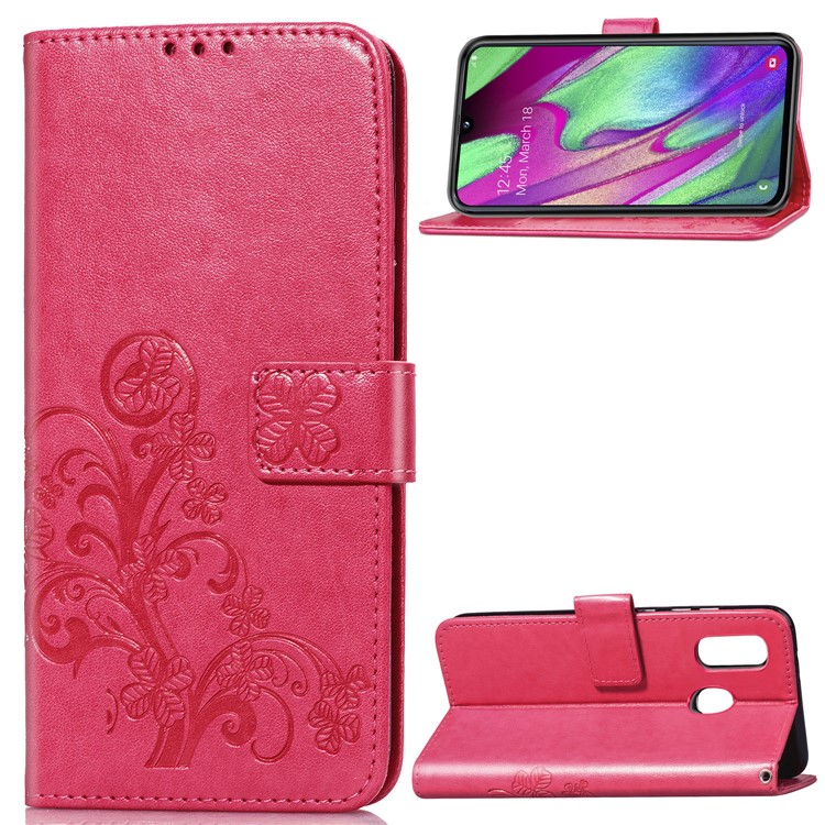 Imprint Four Leaf Clover Leather Wallet Stand Case with Strap for Samsung Galaxy A40 - Pink-1