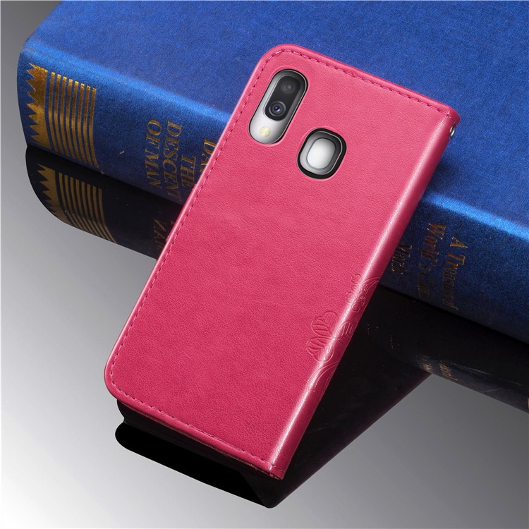 Imprint Four Leaf Clover Leather Wallet Stand Case with Strap for Samsung Galaxy A40 - Pink-11