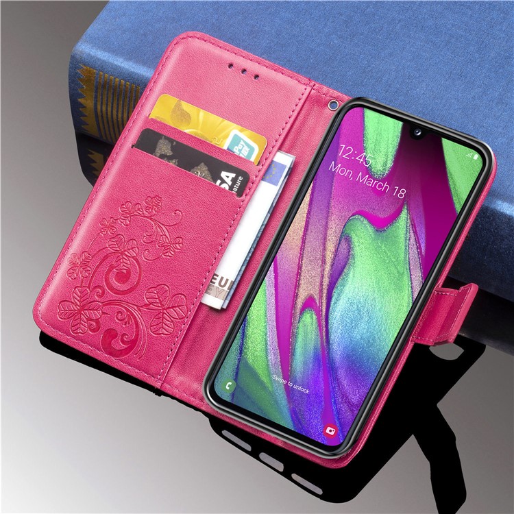 Imprint Four Leaf Clover Leather Wallet Stand Case with Strap for Samsung Galaxy A40 - Pink-12