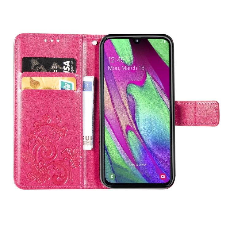 Imprint Four Leaf Clover Leather Wallet Stand Case with Strap for Samsung Galaxy A40 - Pink-4