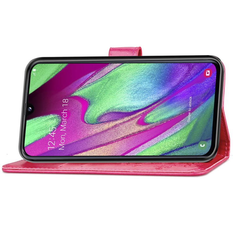 Imprint Four Leaf Clover Leather Wallet Stand Case with Strap for Samsung Galaxy A40 - Pink-5