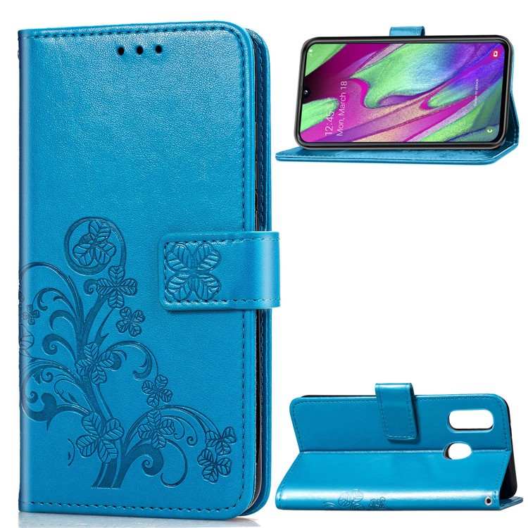 Etui Portefeuille En Cuir Avec Trèfle À Quatre Feuilles Avec Lanière Pour Samsung Galaxy A40 - Bleu-1