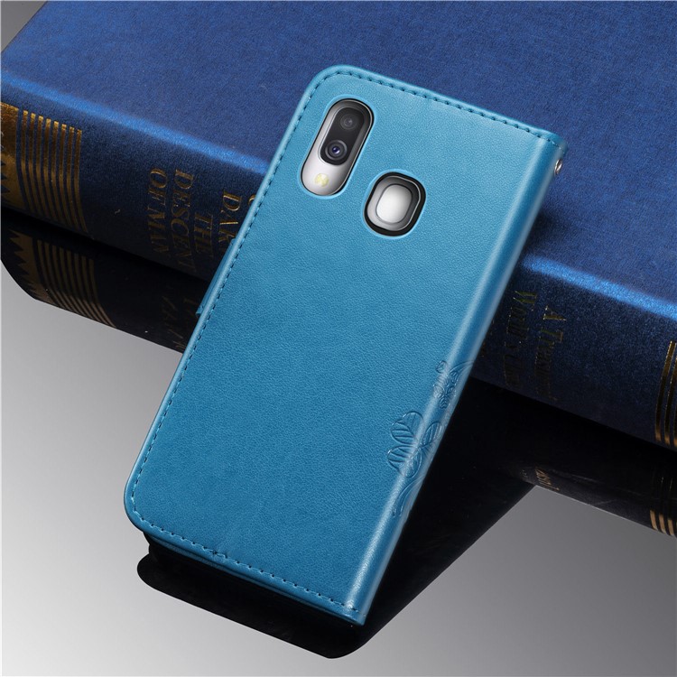 Etui Portefeuille En Cuir Avec Trèfle À Quatre Feuilles Avec Lanière Pour Samsung Galaxy A40 - Bleu-11