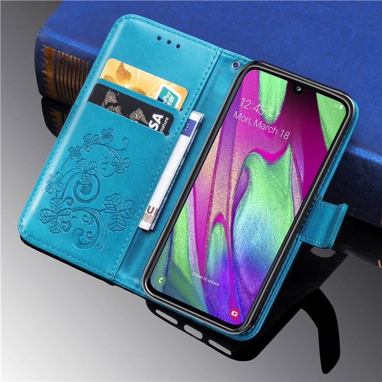 Etui Portefeuille En Cuir Avec Trèfle À Quatre Feuilles Avec Lanière Pour Samsung Galaxy A40 - Bleu-12
