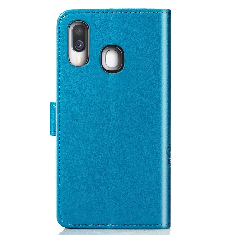 Etui Portefeuille En Cuir Avec Trèfle À Quatre Feuilles Avec Lanière Pour Samsung Galaxy A40 - Bleu-3