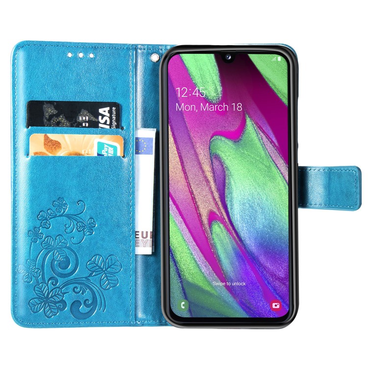 Etui Portefeuille En Cuir Avec Trèfle À Quatre Feuilles Avec Lanière Pour Samsung Galaxy A40 - Bleu-4
