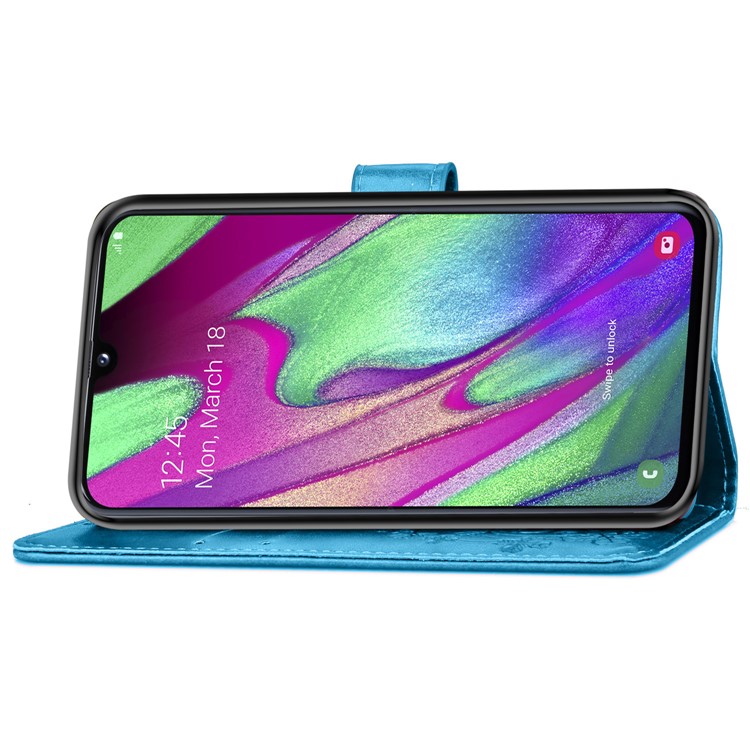 Etui Portefeuille En Cuir Avec Trèfle À Quatre Feuilles Avec Lanière Pour Samsung Galaxy A40 - Bleu-5