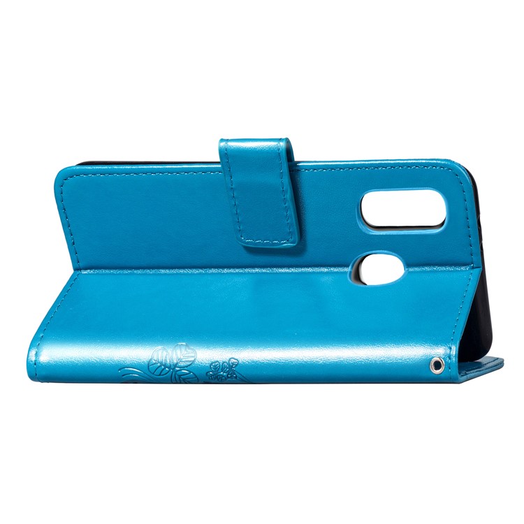 Etui Portefeuille En Cuir Avec Trèfle À Quatre Feuilles Avec Lanière Pour Samsung Galaxy A40 - Bleu-6