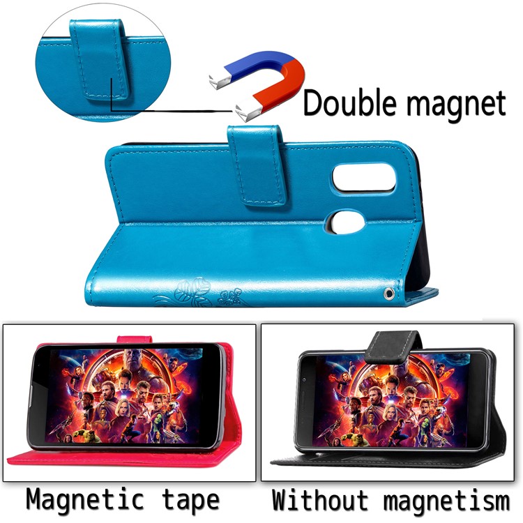 Etui Portefeuille En Cuir Avec Trèfle À Quatre Feuilles Avec Lanière Pour Samsung Galaxy A40 - Bleu-7