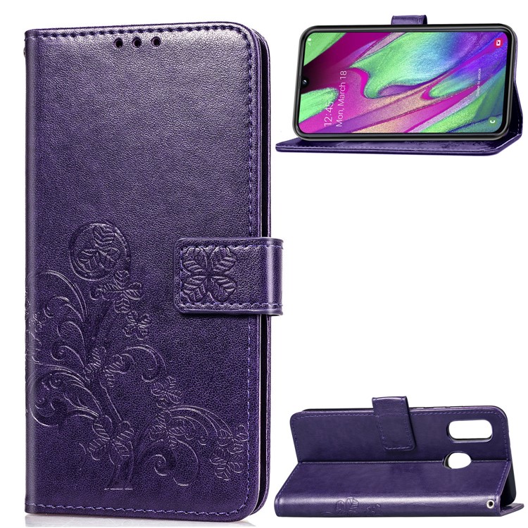 Imprint Four Leaf Clover Leather Wallet Stand Case with Strap for Samsung Galaxy A40 - Purple-1