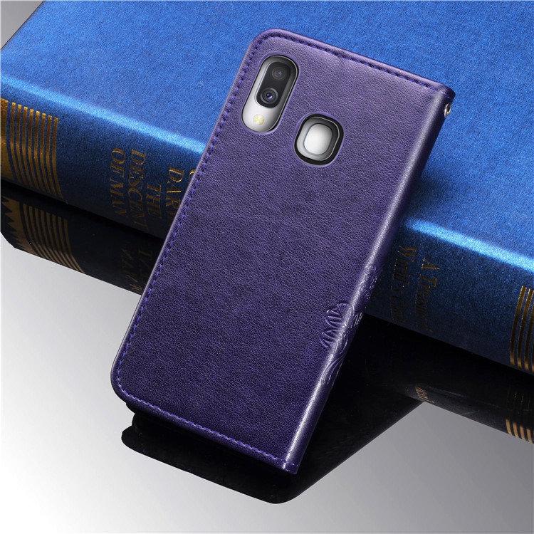 Imprint Four Leaf Clover Leather Wallet Stand Case with Strap for Samsung Galaxy A40 - Purple-10