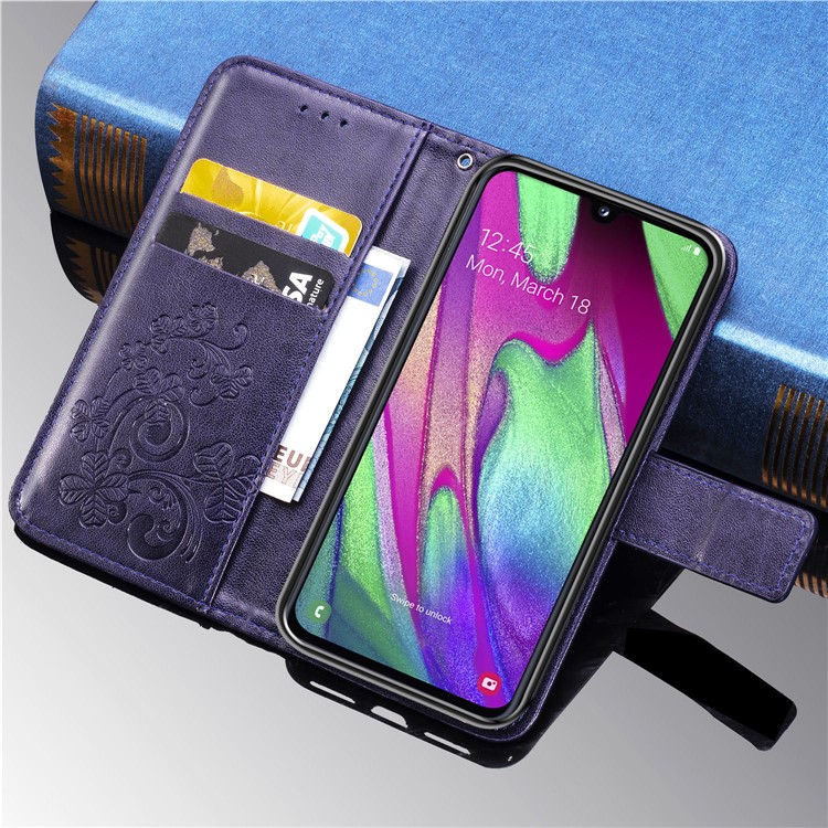 Imprint Four Leaf Clover Leather Wallet Stand Case with Strap for Samsung Galaxy A40 - Purple-11