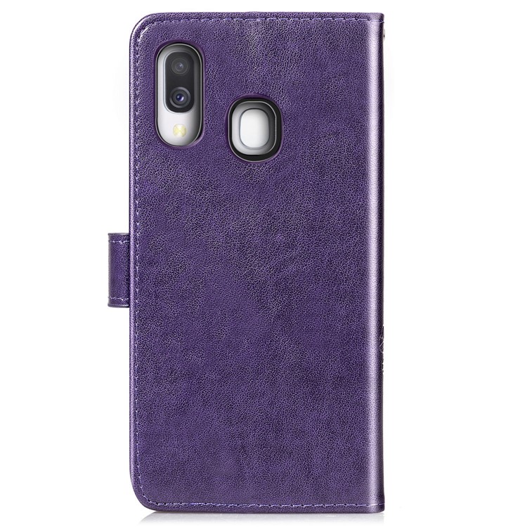 Imprint Four Leaf Clover Leather Wallet Stand Case with Strap for Samsung Galaxy A40 - Purple-3