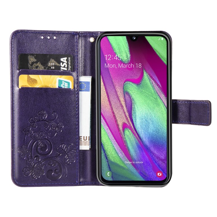 Imprint Four Leaf Clover Leather Wallet Stand Case with Strap for Samsung Galaxy A40 - Purple-4
