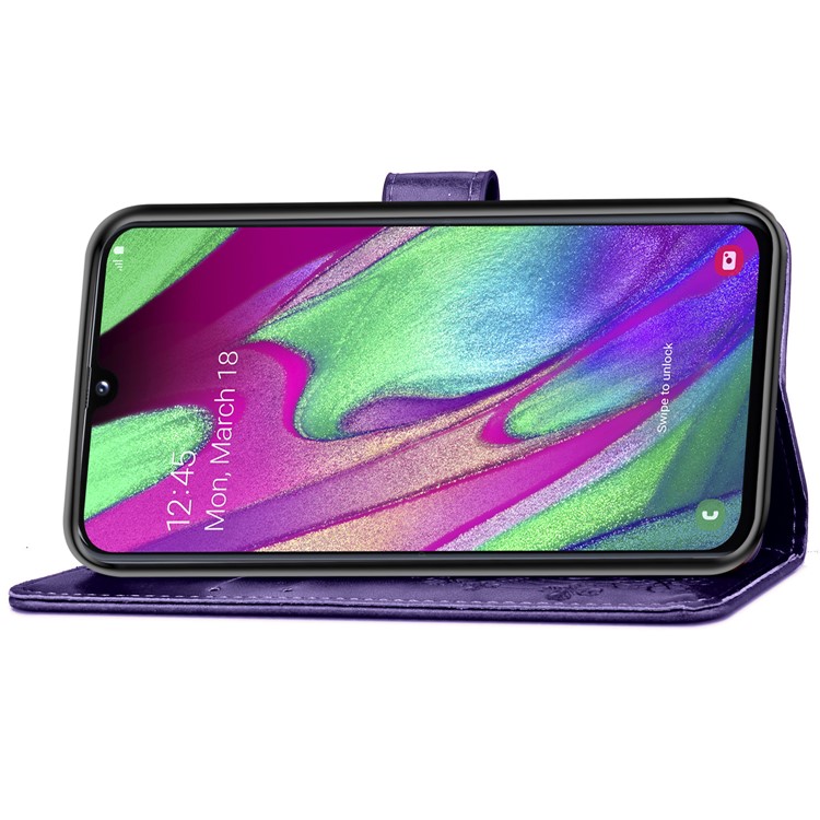 Imprint Four Leaf Clover Leather Wallet Stand Case with Strap for Samsung Galaxy A40 - Purple-5