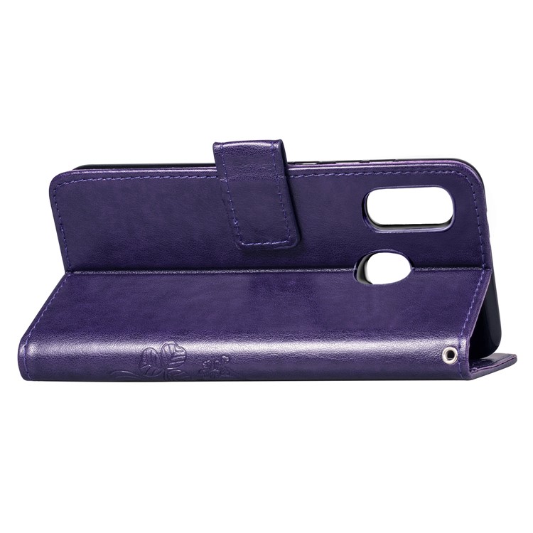 Imprint Four Leaf Clover Leather Wallet Stand Case with Strap for Samsung Galaxy A40 - Purple-6