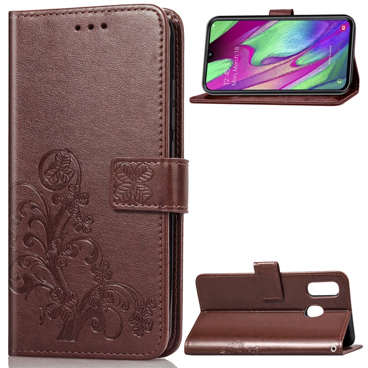 Imprint Four Leaf Clover Leather Wallet Stand Case with Strap for Samsung Galaxy A40 - Brown-1