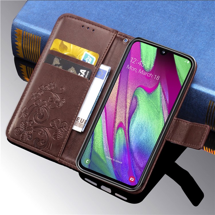 Imprint Four Leaf Clover Leather Wallet Stand Case with Strap for Samsung Galaxy A40 - Brown-10