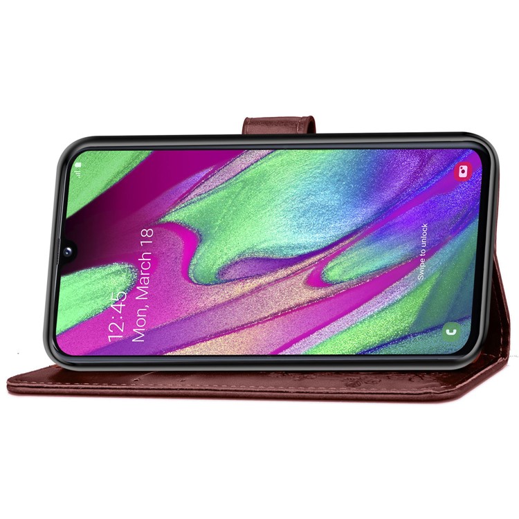 Imprint Four Leaf Clover Leather Wallet Stand Case with Strap for Samsung Galaxy A40 - Brown-5