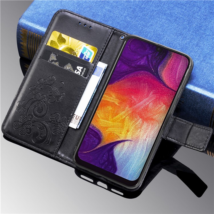 Imprint Four Leaf Clover Leather Wallet Stand Case with Strap for Samsung Galaxy A50 - Black-10