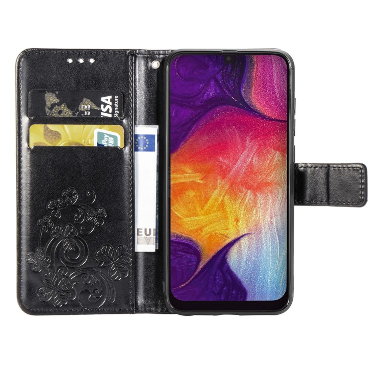 Imprint Four Leaf Clover Leather Wallet Stand Case with Strap for Samsung Galaxy A50 - Black-4