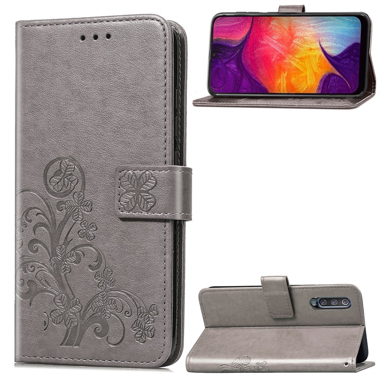 Imprint Four Leaf Clover Leather Wallet Stand Case with Strap for Samsung Galaxy A50 - Grey-1