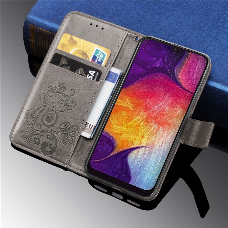 Imprint Four Leaf Clover Leather Wallet Stand Case with Strap for Samsung Galaxy A50 - Grey-11